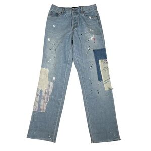BDG Blue Straight Leg Patchwork Jeans paint splatter light‎ wash frayed boho
